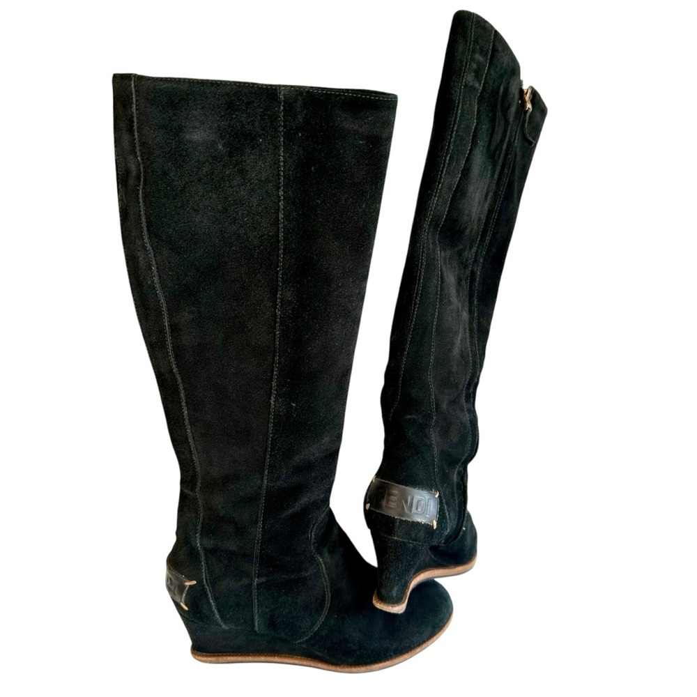 Fendi Cathy Black Suede Knee-High Wedge Boots 36